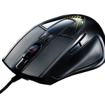 01. Ergonomic palm grip mouse designed for FPS gaming with improved sensor, 32-bit ARM processor and 512KB on-board memory, and OLED text display customizable by software on the Sentinel