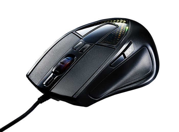 01. Ergonomic palm grip mouse designed for FPS gaming with improved sensor, 32-bit ARM processor and 512KB on-board memory, and OLED text display customizable by software on the Sentinel
