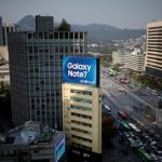 An outdoor advertisement promoting Samsung Electronics’ Galaxy Note 7 installed atop a building is seen in central Seoul