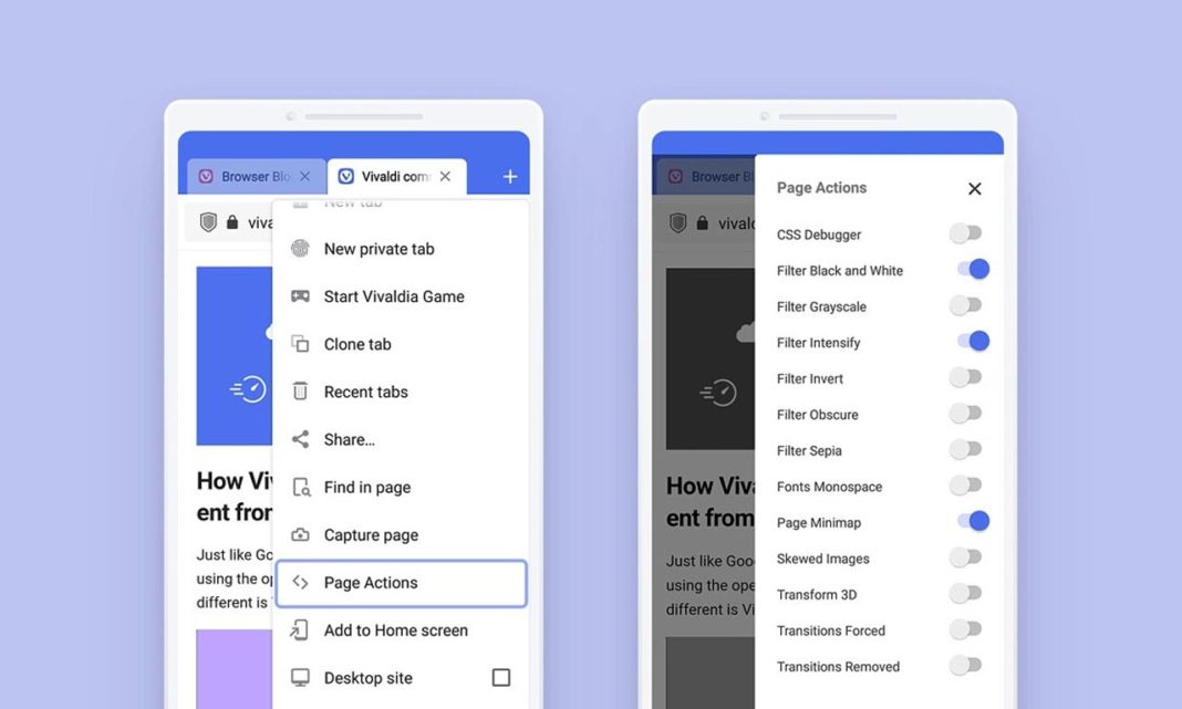 vivaldi 3.6 android page actions