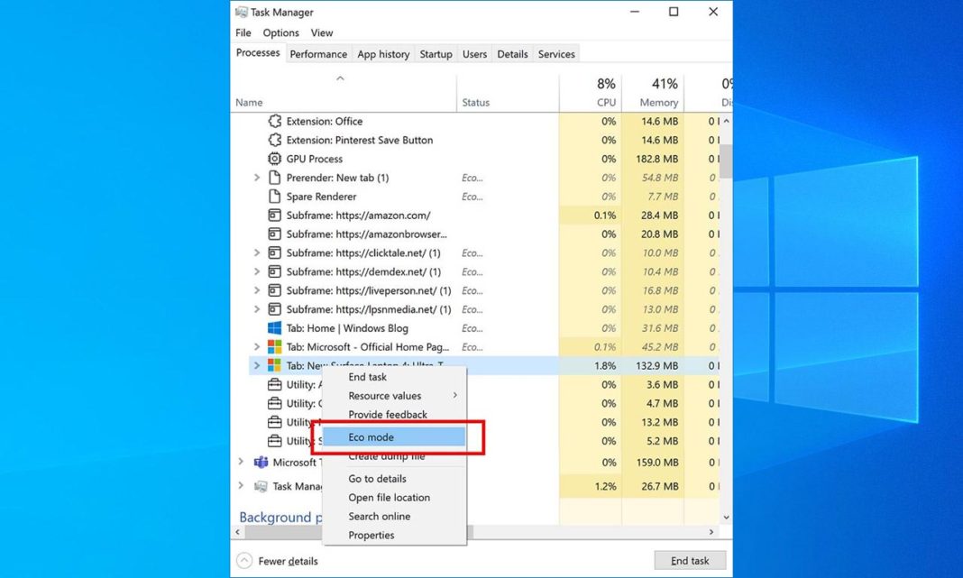 Windows 10 Sun Valley Eco Mode Task Manager