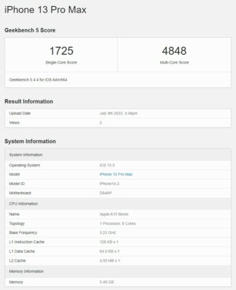 Apple iPhone 14 Pro Max A16 iPhone 13 Pro A15 Geekbench 1