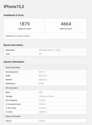 Apple iPhone 14 Pro Max A16 iPhone 13 Pro A15 Geekbench 1