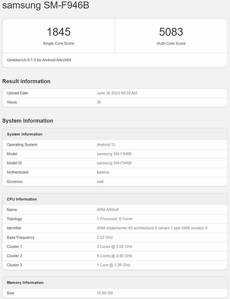 Samsung Galaxy Z Fold 5 Geekbench Benchmark