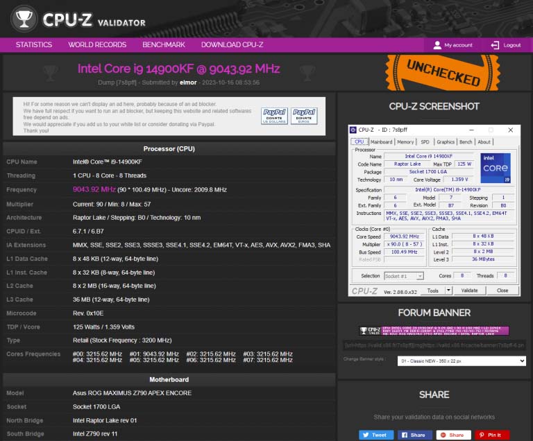 Intel Core i9-14900KF 9GHz Record