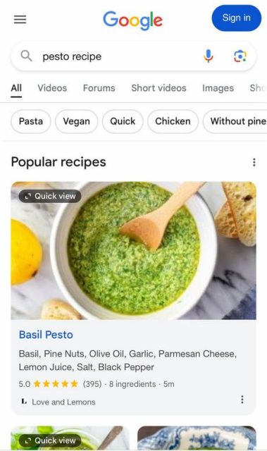 google search, recipes, quick view