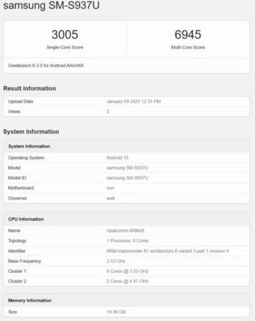 galaxy s25 slim geekbench