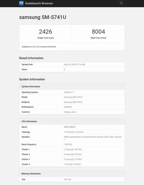 Galaxy S26 FE Geekbench