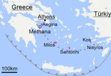 Χάρτης του Αιγαίου Πελάγους με τα ενεργά ηφαίστεια να επισημαίνονται και να τονίζονται με κόκκινο χρώμα. Η γραμμή με τα βέλη δείχνει τη ζώνη υποβύθισης, όπου η αφρικανική τεκτονική πλάκα βυθίζεται κάτω από την πλάκα του Αιγαίου Πελάγους. Εικονογράφηση: Popa et al., 2026, Science Advances