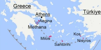 Χάρτης του Αιγαίου Πελάγους με τα ενεργά ηφαίστεια να επισημαίνονται και να τονίζονται με κόκκινο χρώμα. Η γραμμή με τα βέλη δείχνει τη ζώνη υποβύθισης, όπου η αφρικανική τεκτονική πλάκα βυθίζεται κάτω από την πλάκα του Αιγαίου Πελάγους. Εικονογράφηση: Popa et al., 2026, Science Advances