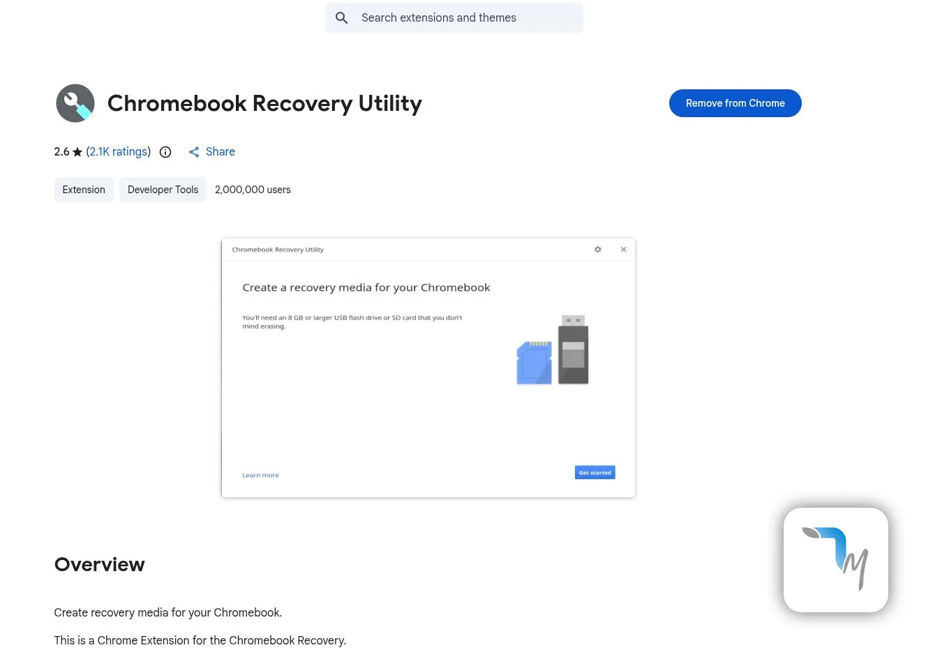 Το screenshot δείχνει το Chromebook Recovery Utility στο Chrome Web Store στο PC μας.
