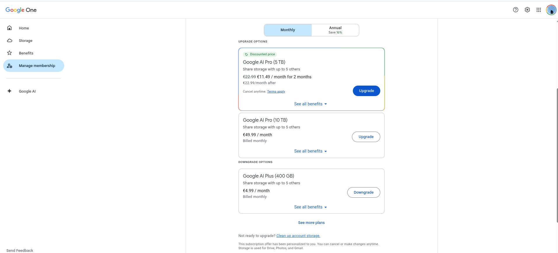 Η εικόνα προέρχεται από τον Google λογαριασμό μας και δείχνει να έχει περαστεί η έκπτωση στο Google AI Plus πακέτο, ενώ παράλληλα να έχει αυξηθεί ο διαθέσιμος χώρος που προσφέρει στα 400 GB.