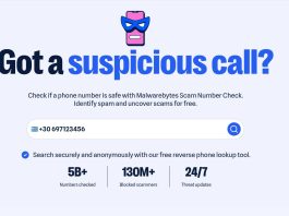 Το περιβάλλον χρήσης του εργαλείου Scam Number Check της Malwarebytes για έλεγχο ύποπτων κλήσεων.
