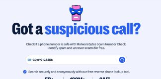 Το περιβάλλον χρήσης του εργαλείου Scam Number Check της Malwarebytes για έλεγχο ύποπτων κλήσεων.