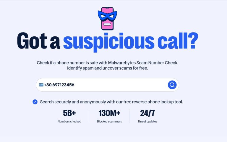 Το περιβάλλον χρήσης του εργαλείου Scam Number Check της Malwarebytes για έλεγχο ύποπτων κλήσεων.