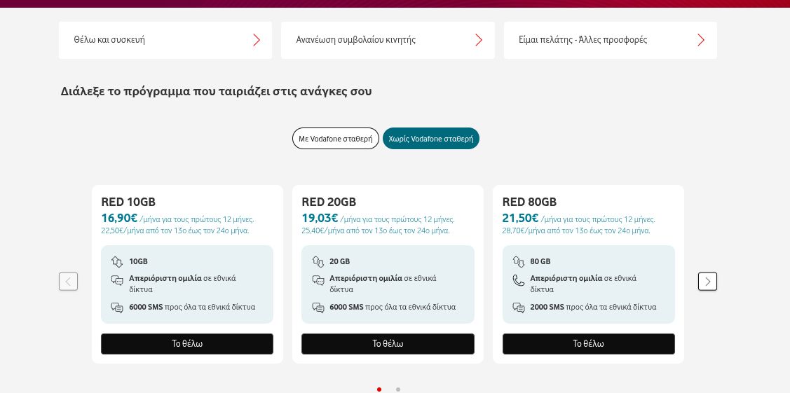 Το νέο πρόγραμμα κινητής Vodafone Red 80GB, όπως φαίνεται στην επίσημη ιστοσελίδα της Vodafone.