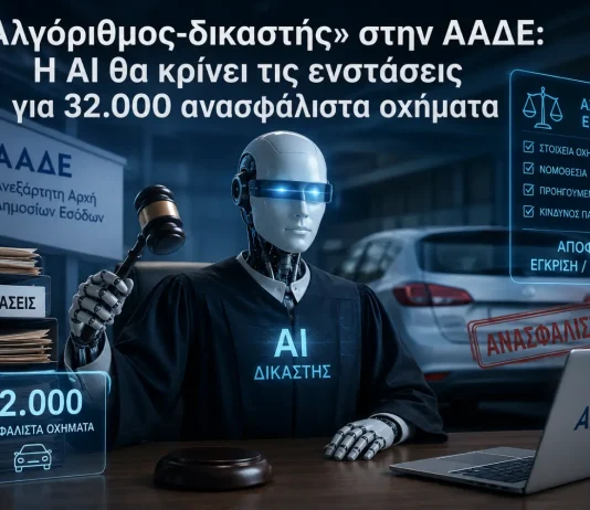 «Αλγόριθμος-δικαστής» στην ΑΑΔΕ: Η AI θα κρίνει τις ενστάσεις για 32.000 ανασφάλιστα οχήματα Η ΑΑΔΕ απέκτησε δικασή AI για τα ανασφάλιστα οχήματα και μοιράζει πρόστιμα