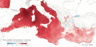 Χάρτης της ESA με τις αποκλίσεις θερμοκρασίας στην επιφάνεια της Μεσογείου τον Ιούνιο