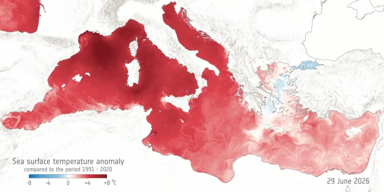 Χάρτης της ESA με τις αποκλίσεις θερμοκρασίας στην επιφάνεια της Μεσογείου τον Ιούνιο