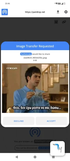 Η εικόνα δείχνει το PairDrop τη στιγμή που έλαβε ένα αρχείο από τον υπολογιστή μας στο κινητό μας.