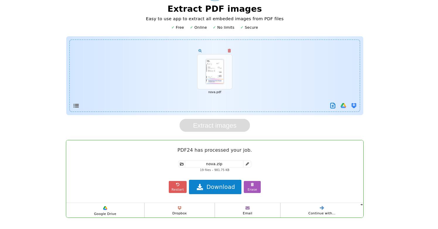 Η φωτογραφία απεικονίζει τη δοκιμή μας με το PDF24 Tools, όπου ανεβάσαμε ένα PDF και έκανε extract για εμάς όλες τις φωτογραφίες που υπήρχαν μέσα σε αυτό.
