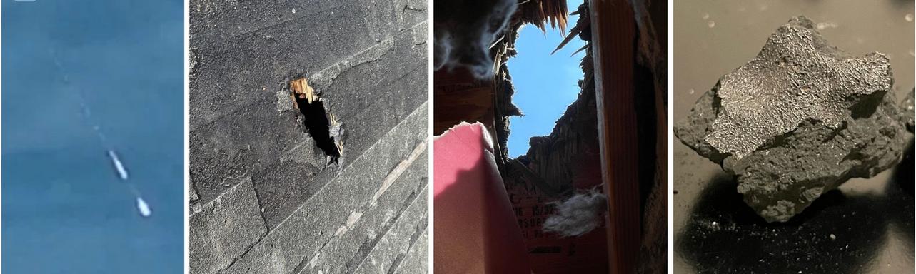 Το συγκεκριμένο κολάζ φωτογραφιών δείχνει την πτώση του μετεωρίτη, τη ζημιά που άφησε στο σπίτι που έπεσε, καθώς και το θραύσμα το ίδιο. (Πηγή: Seti.org)