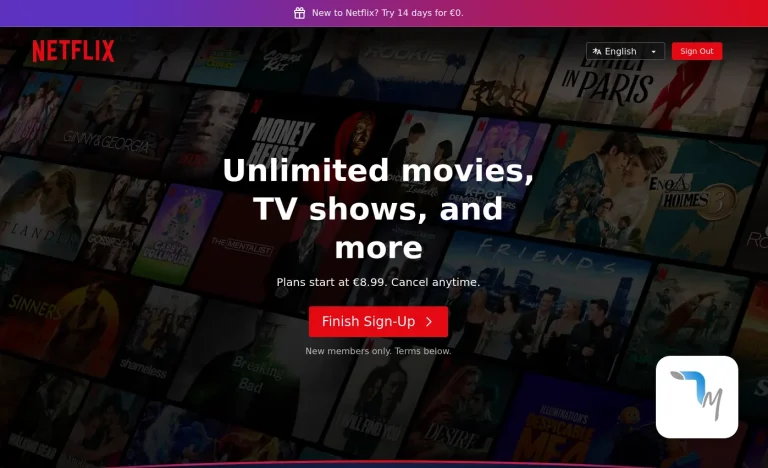 Η εικόνα παρουσιάζει την αρχική σελίδα του Netflix στον υπολογιστή μας, η οποία εμφανίζει ειδοποίηση για δυνατότητα δωρεάν δοκιμής της υπηρεσίας για 14 ημέρες στην Ελλάδα