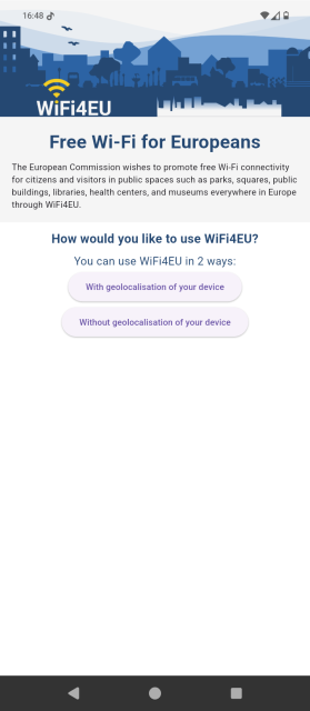 Τα screenshots παρουσιάζουν την εφαρμογή WiFi4EU να κατεβαίνει από το Google Play Store, να εγκαθίσταται στο κινητό μας τηλέφωνο και να μας εμφανίζει τα κοντινά WiFi στην περιοχή που μένουμε.