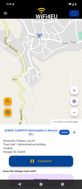 Τα screenshots παρουσιάζουν την εφαρμογή WiFi4EU να κατεβαίνει από το Google Play Store, να εγκαθίσταται στο κινητό μας τηλέφωνο και να μας εμφανίζει τα κοντινά WiFi στην περιοχή που μένουμε.