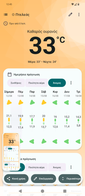 Η εικόνα δείχνει το Breezy Weather να τρέχει στην συσκευή δοκιμής του techmaniacs.gr