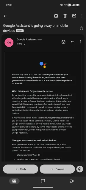Το screenshot παρουσιάζει το email που λαμβάνουν χρήστες για την σταδιακή αφαίρεση της Google Assistant σε παγκόσμιο επίπεδο.