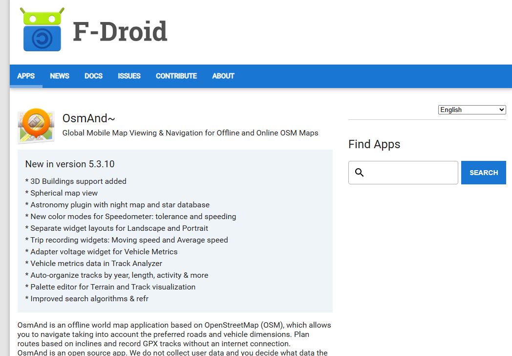 Η εικόνα παρουσιάζει το listing του Osmand+ στο F-Droid