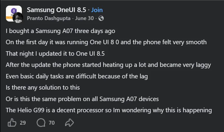 Παράπονο χρήστη Galaxy A07 στο Facebook για προβλήματα lag και αφής