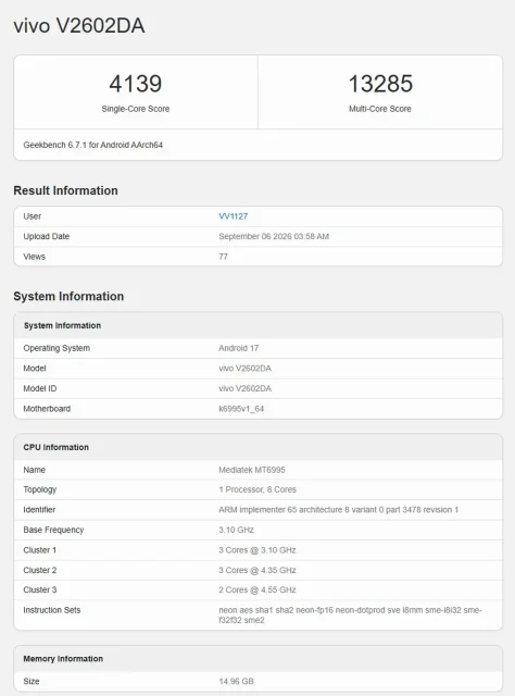Το αποτέλεσμα του Geekbench 6 που σκόραρε το vivo X500 Pro Max