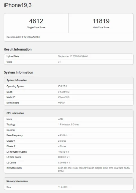 iPhone 18 Pro Max Geekbench