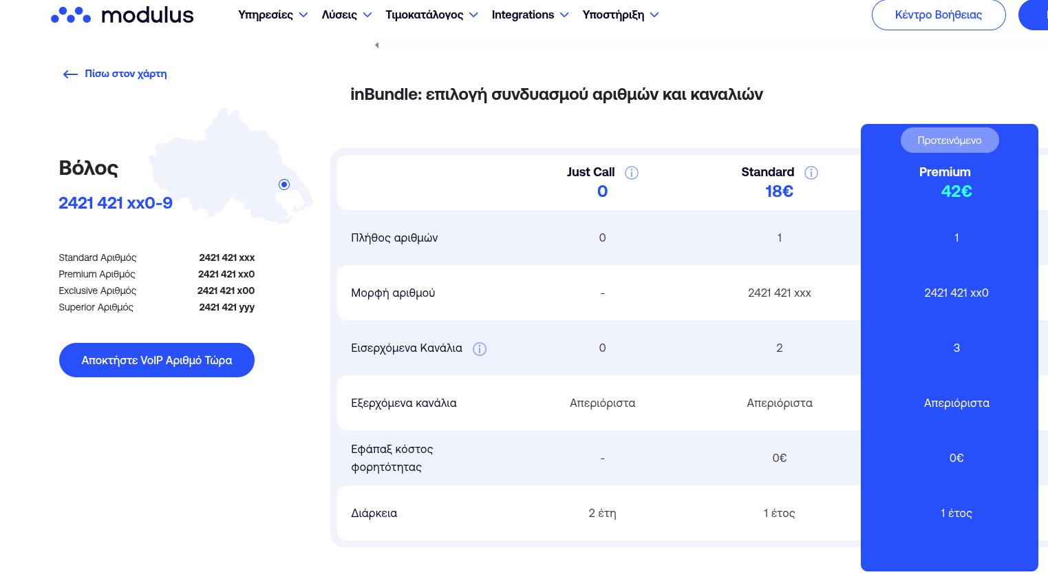 Η φωτογραφία απεικονίζει το παράδειγμα του αριθμού που μας εμφάνισε όταν βάλαμε ως περιοχή το Βόλο στο επίσημο site της Modulus για σταθερό τηλέφωνο.