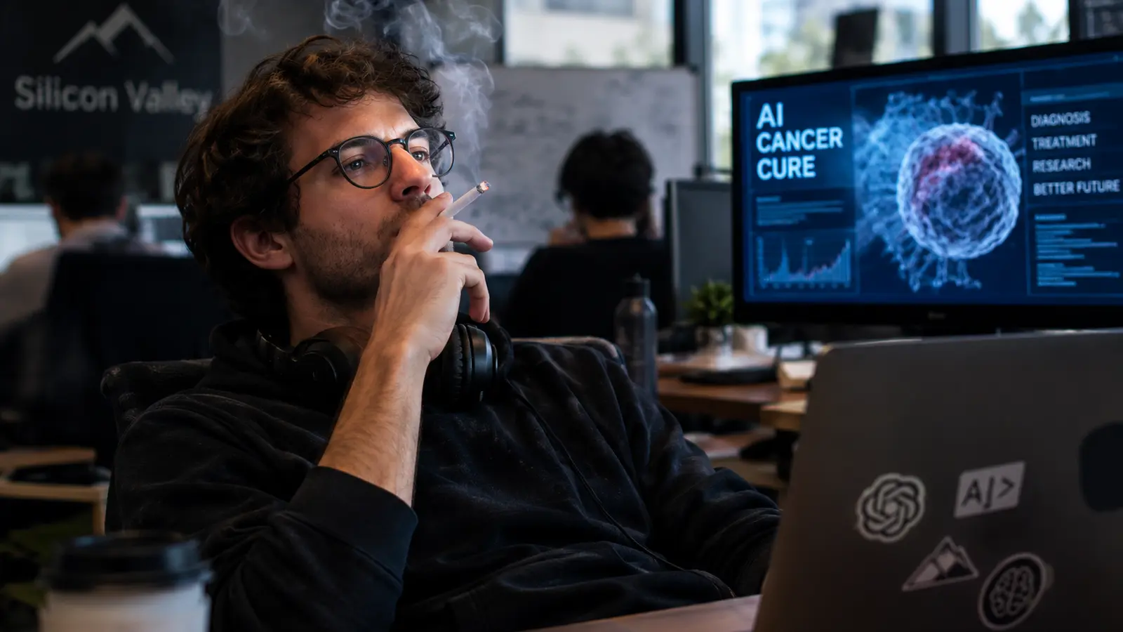 Ερευνητής τεχνητής νοημοσύνης στη Silicon Valley καπνίζει μπροστά από οθόνη που γράφει AI Cancer Cure