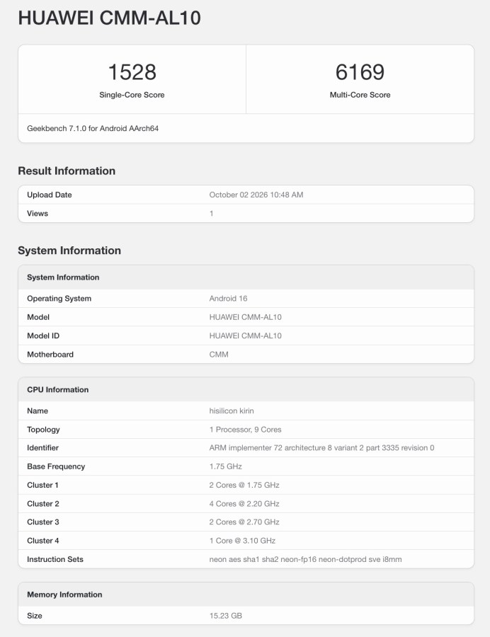 Το αποτέλεσμα του Huawei Mate 90 Pro Max στο Geekbench 7