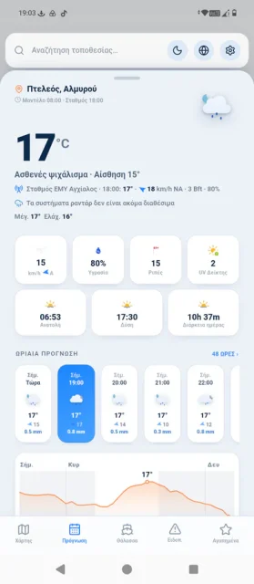 Η εικόνα αποτελεί στιγμιότυπο από το κινητό μας τηλέφωνο που δείχνει την επίσημη εφαρμογή καιρού της Εθνικής Μετεωρολογικής Υπηρεσίας στο κινητό μας τηλέφωνο, εδώ στο techmaniacs.gr