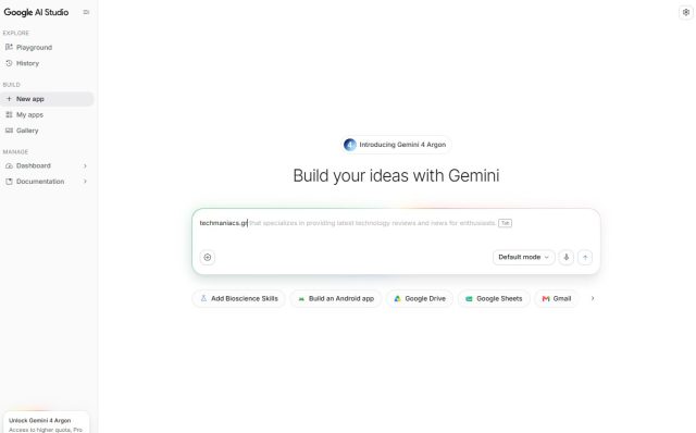 Εικόνα από το Google AI Studio από τον λογαριασμό μας στο Techmaniacs.gr, μπορούμε εύκολα να δημιουργήσουμε οποιαδήποτε εφαρμογή.