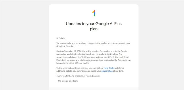 Το μήνυμα που μας έστειλε στο προσωπικό μας email εδώ στην Ελλάδα η Google για τις επερχόμενες αλλαγές από 13 Νοεμβρίου 2026 στο Google AI Plus.