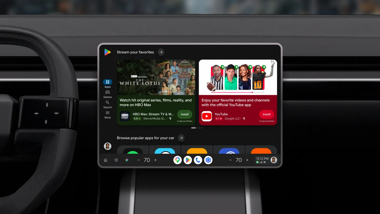 Το ανανεωμένο περιβάλλον του Google Play Store σε οθόνη αυτοκινήτου με Google built-in