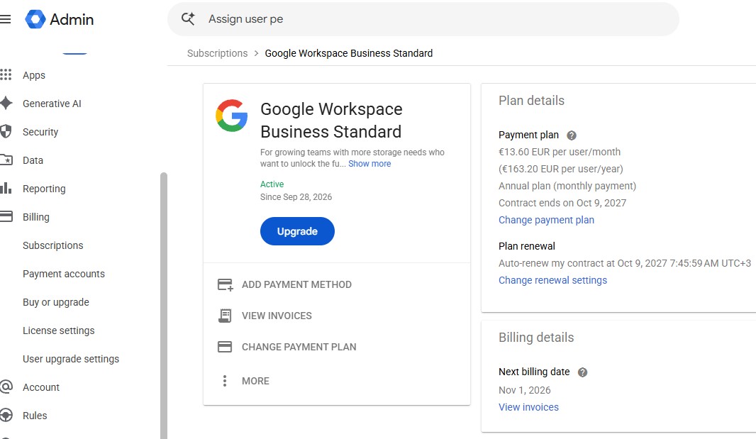 Dashboard μέσα από το λογαριασμό μας στο Google Workspace Business Standard που δείχνει την ετήσια δέσμευση και τη μηνιαία πληρωμή.@techmaniacs.gr