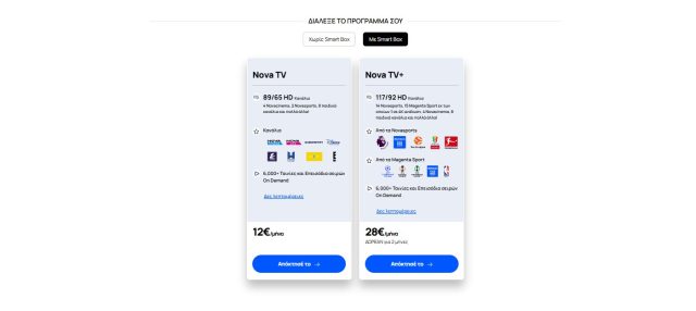 Οι νέες τιμές του Nova TV όπως αποτυπώνονται στην επίσημη ιστοσελίδα της Nova. @techmaniacs.gr