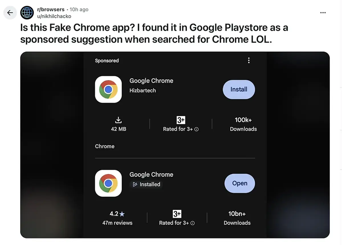 Screenshots από ψεύτικη εφαρμογή Chrome