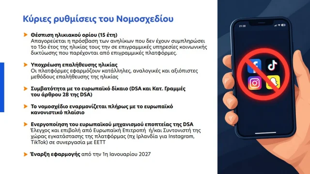 Η εικόνα παρουσιάζει τις βασικές ρυθμίσεις του νομοσχεδίου για την απαγόρευση πρόσβασης στα social media στην Ελλάδα από ανηλίκους, είναι screenshot από το επίσημο PDF ενημέρωσης δημοσιογράφων που στάλθηκε από το Υπουργείο Ψηφιακής Διακυβέρνησης στο techmaniacs.gr.