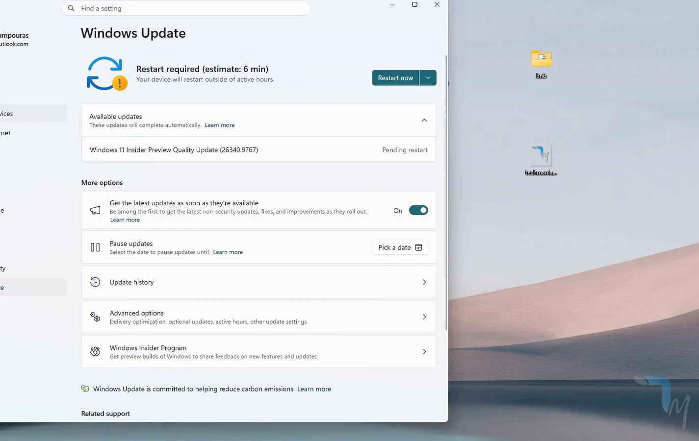 Η ενημέρωση Quality Preview (Build 26340.9767) των Windows 11 έγινε διαθέσιμη μόλις σήμερα στην Ελλάδα και η εικόνα δείχνει το PC μας να ζητά επανεκκίνηση μετά την εγκατάσταση