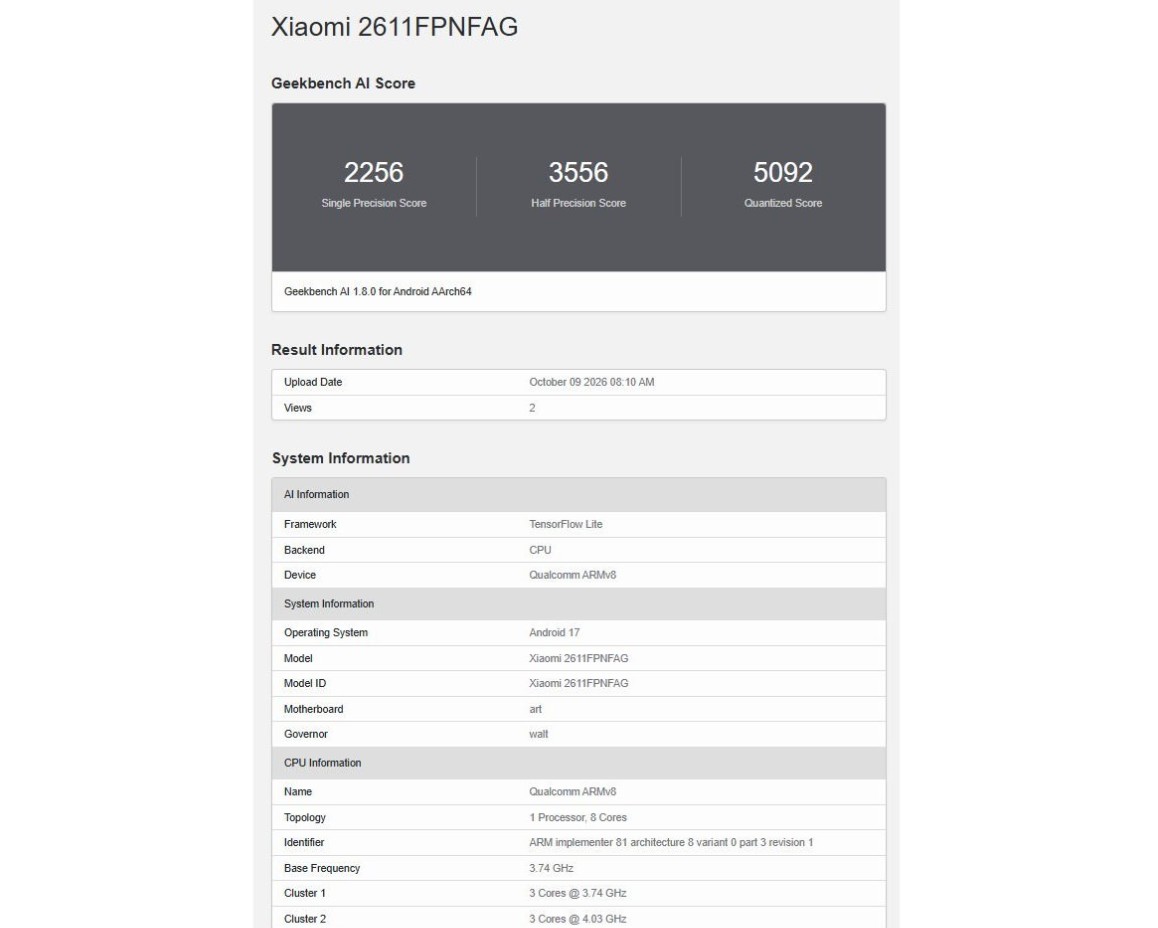 Η εικόνα παρουσιάζει το αποτέλεσμα του Xiaomi 18 Pro Max και συγκεκριμένα της global έκδοσης στο Geekbench AI.