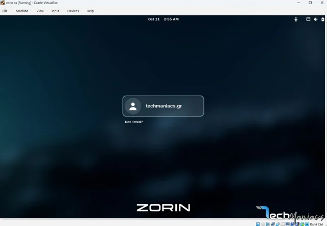 Η εικόνα παρουσιάζει την login screen μετά την ολοκλήρωση της εγκατάστασης του Zorin OS σε VirtualBox στο εργαστήριο του techmaniacs.gr